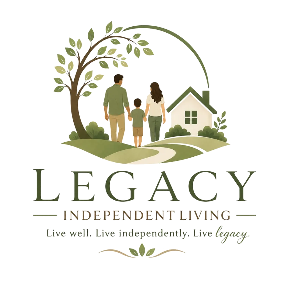 Legacy Independent Living logo: a family walking home beneath a tree. Live well. Live independently. Live legacy.
